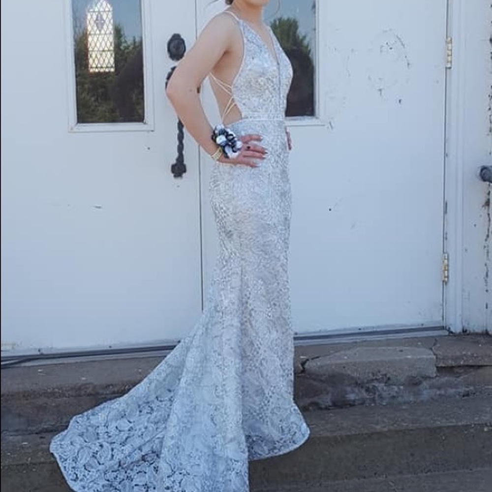 White & silver prom dress